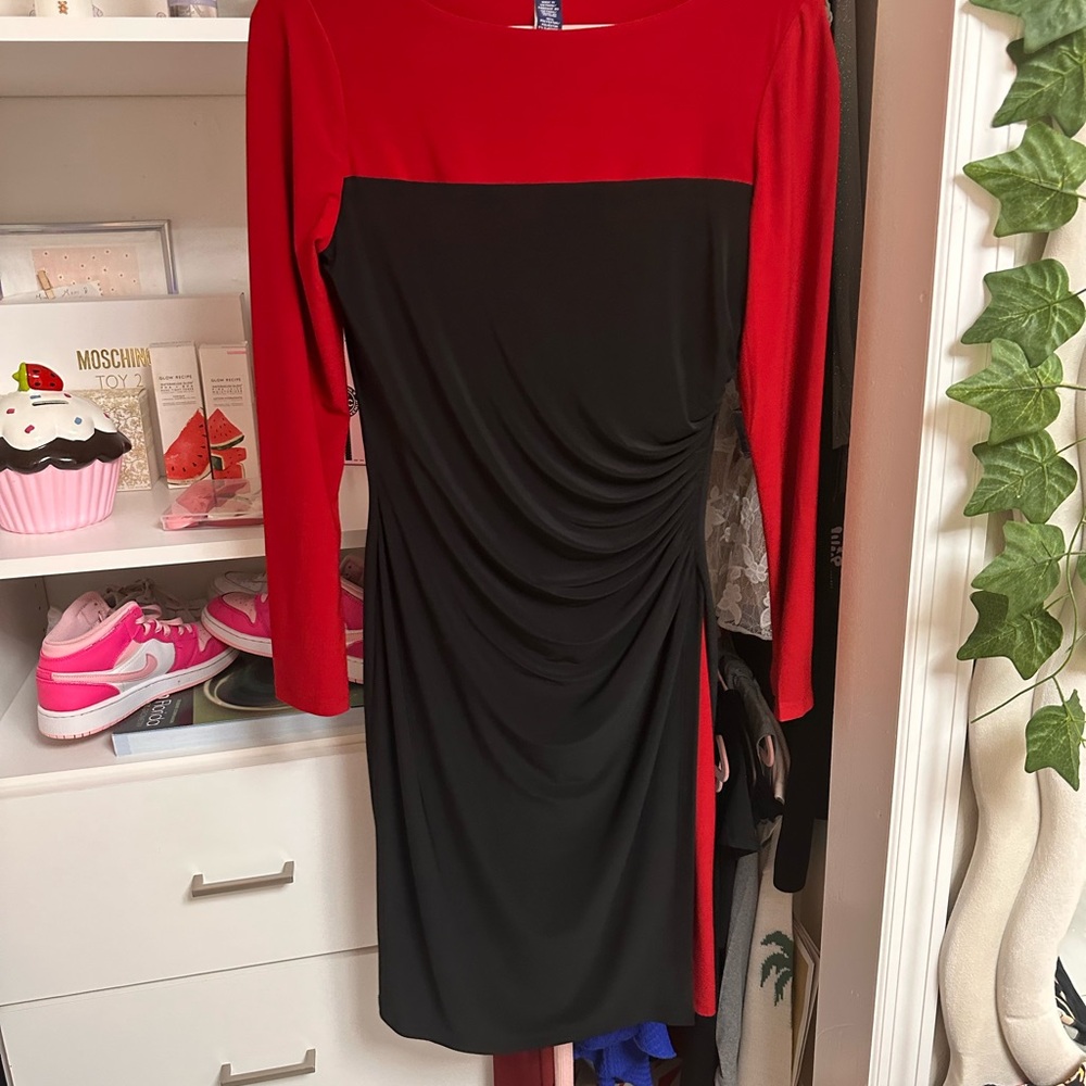 Chaps Red and Black Long Sleeve Sheath Dress